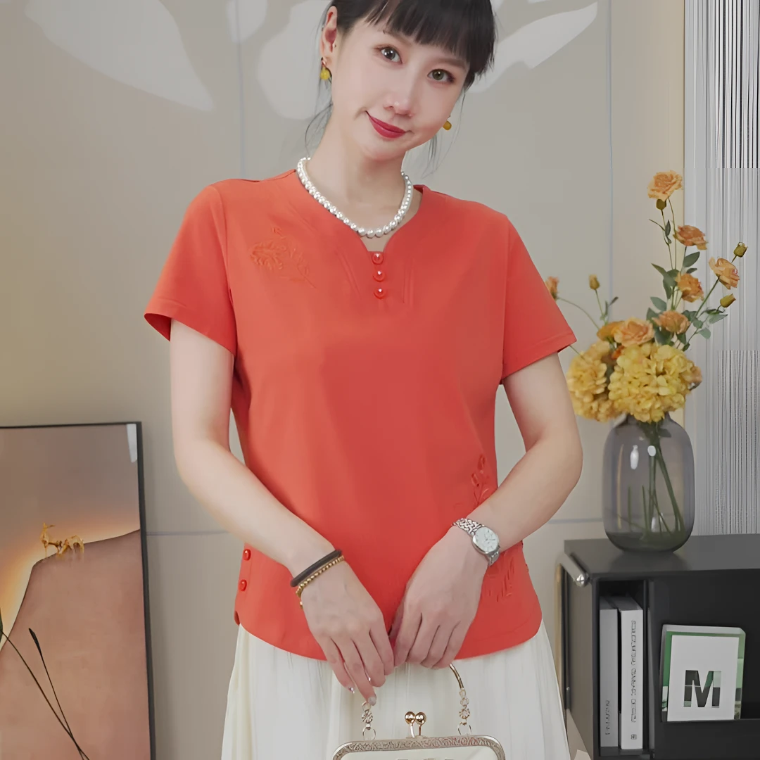 冰瓷棉短袖T恤宽松2025新款中老年妈妈装洋气时尚衫大码休闲百搭