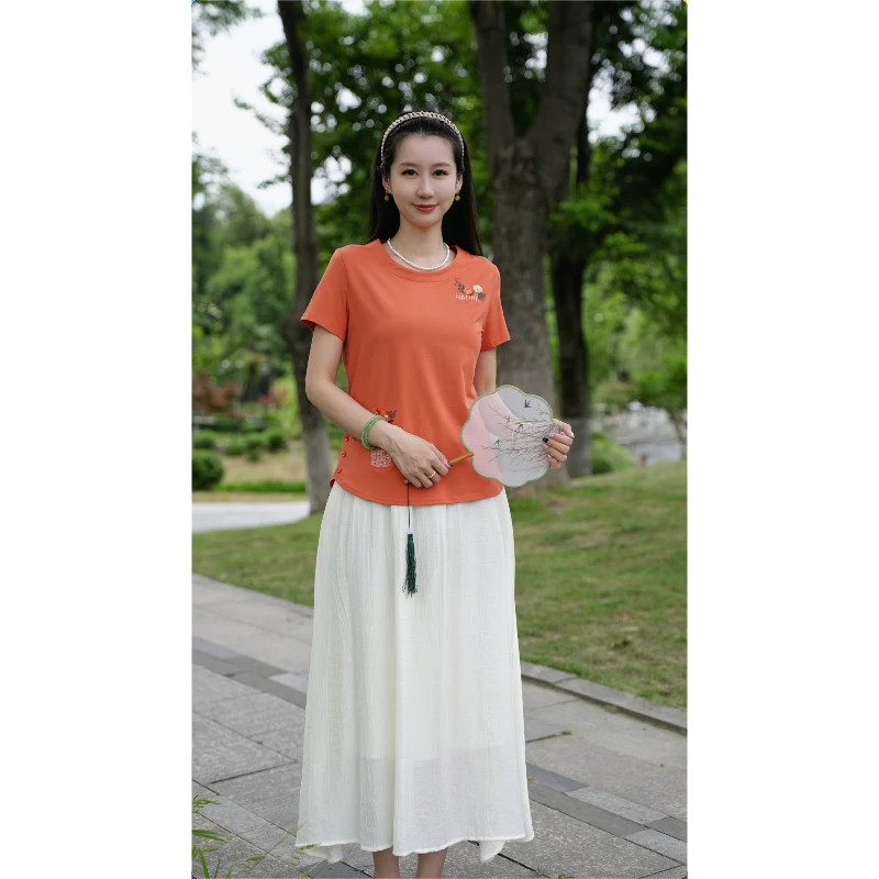 2025夏季冰瓷棉短袖重工刺绣立体小雏菊时尚T恤休闲百搭圆领上衣2