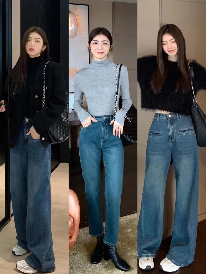 春秋时尚百搭高腰显瘦直筒宽松牛仔裤