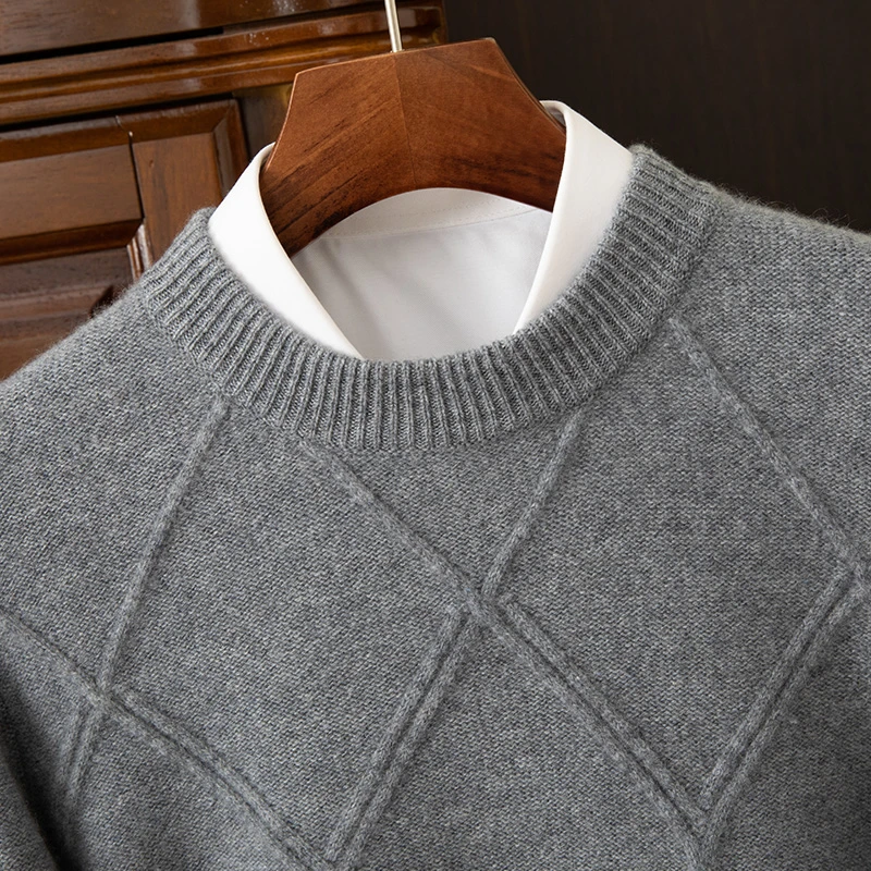 100%纯山羊绒衫男圆领加厚毛衣大菱形格提花针织高端商务休闲上衣
