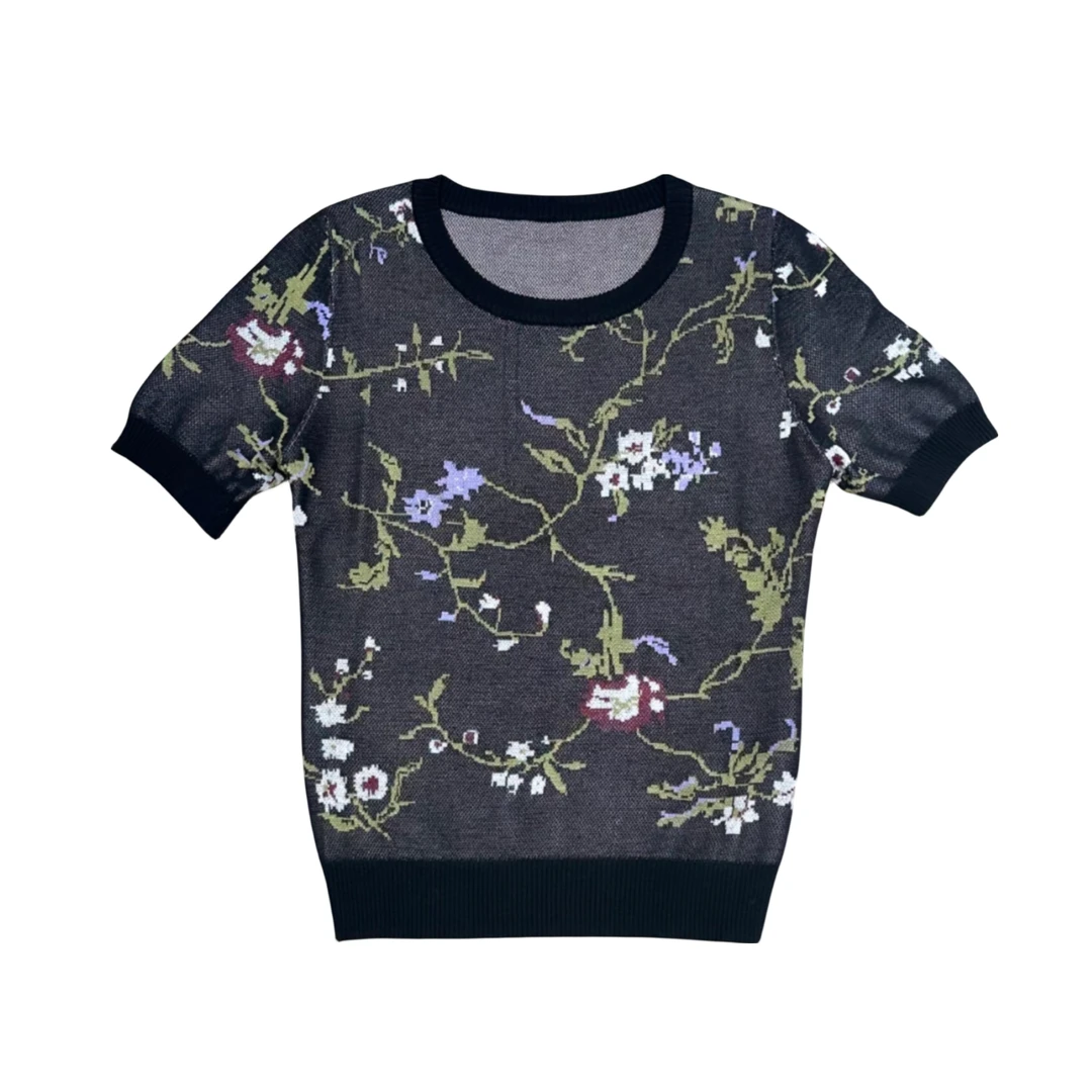 【我是老板娘 】新款时尚百搭复古精美提花罗纹圆领短袖上衣A1029