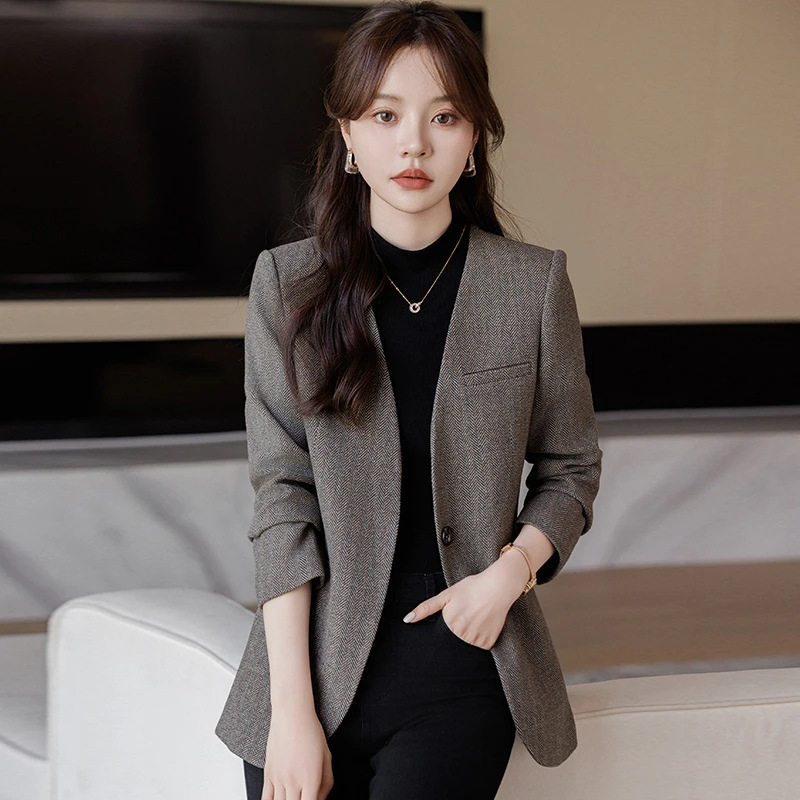 无领西装外套女春秋2025新款高级感复古气质休闲女士西服YS1262