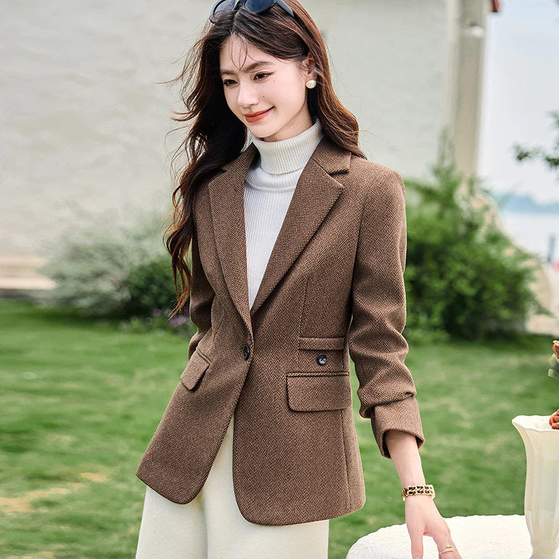 咖色格子高端西装外套女秋冬2025新款气质修身时尚西服X249816