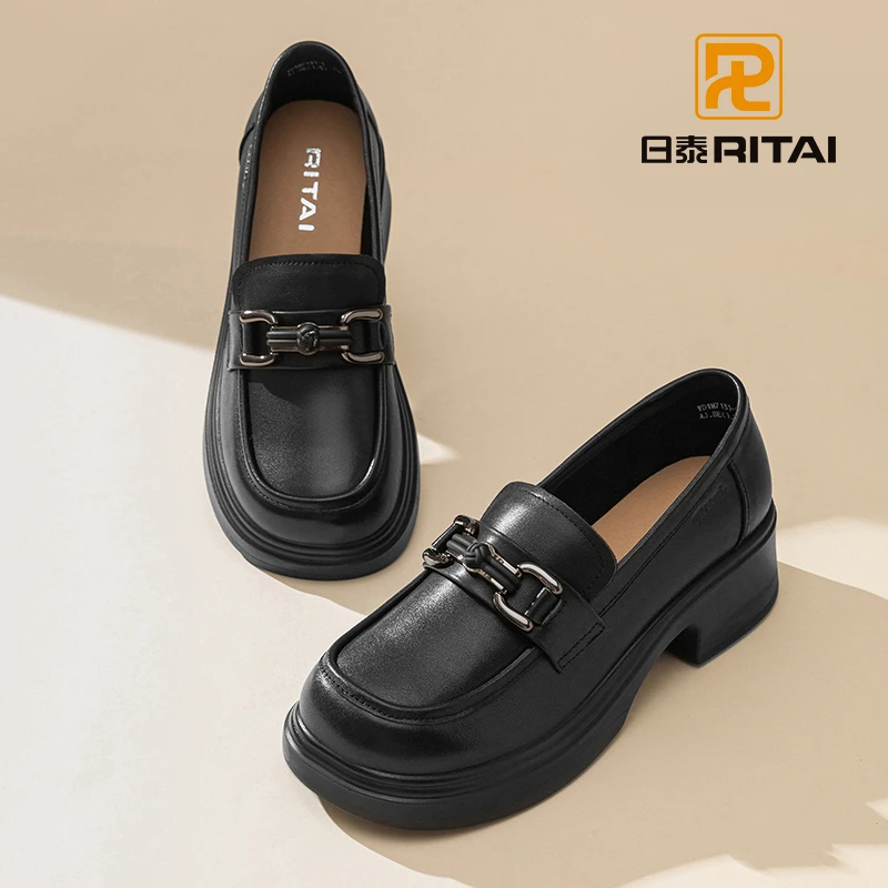 日泰头层牛皮厚底乐福鞋女款2025新款英伦真皮休闲单鞋黑色小皮鞋