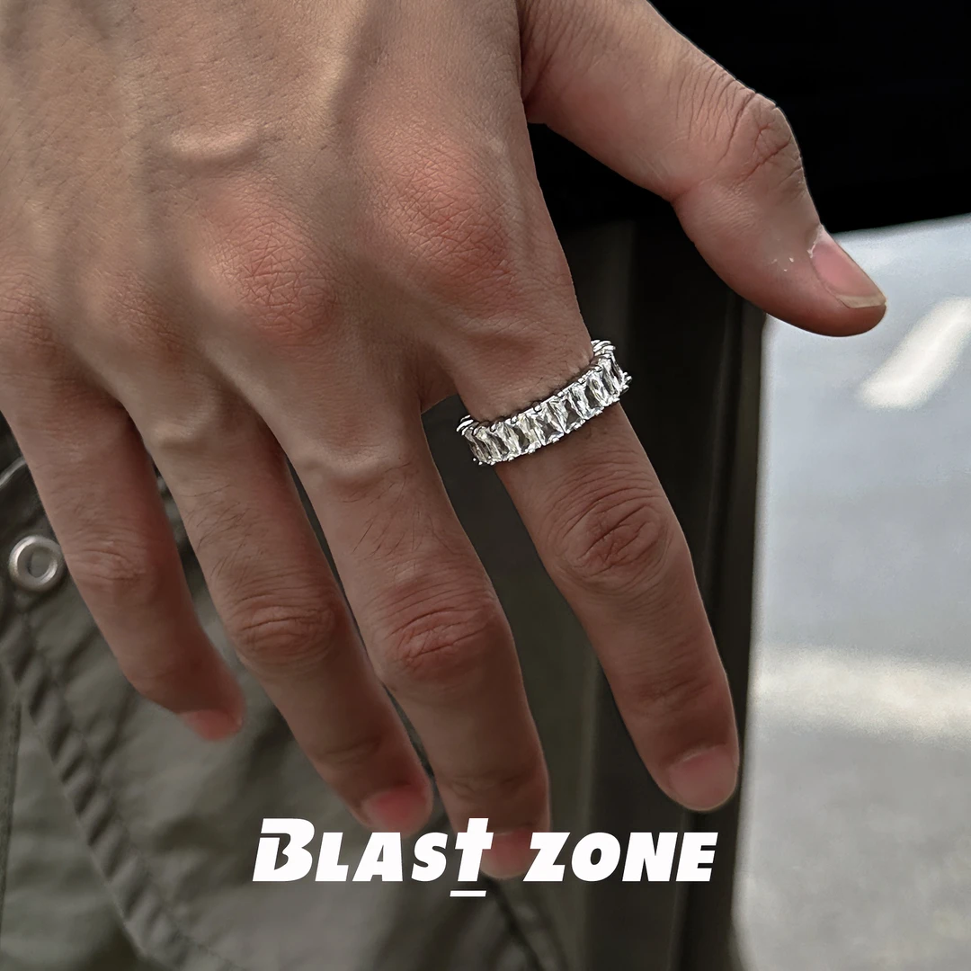 铜合金合成锆石戒指 T方锆个性小众时尚排戒男尾戒 开口可调节