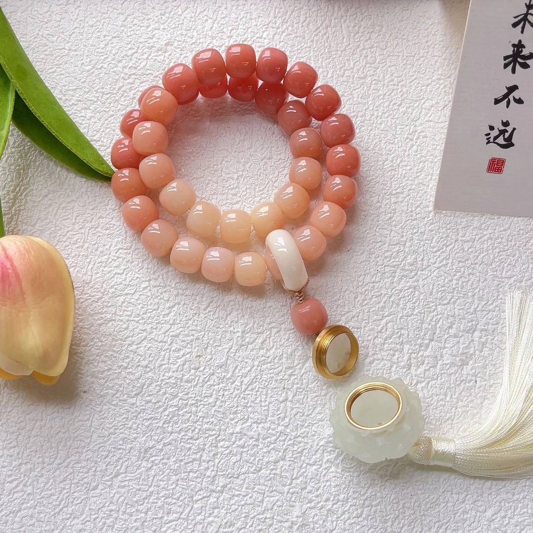 【夏日桃桃】新中式文玩菩提手串双圈国风手持温柔粉色香炉桶珠