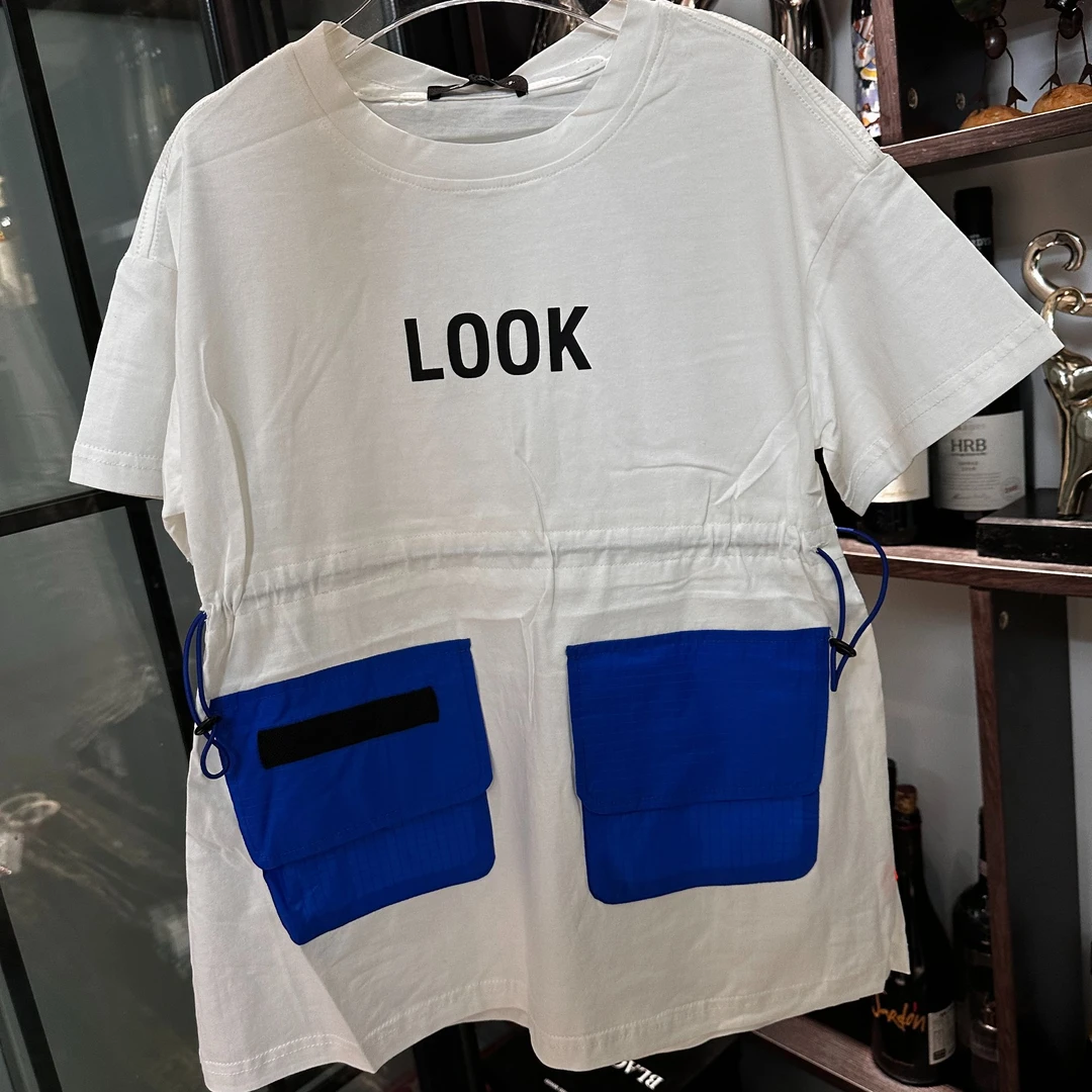 女童女孩夏季工装拼接纯棉长款T恤裙 短袖休闲