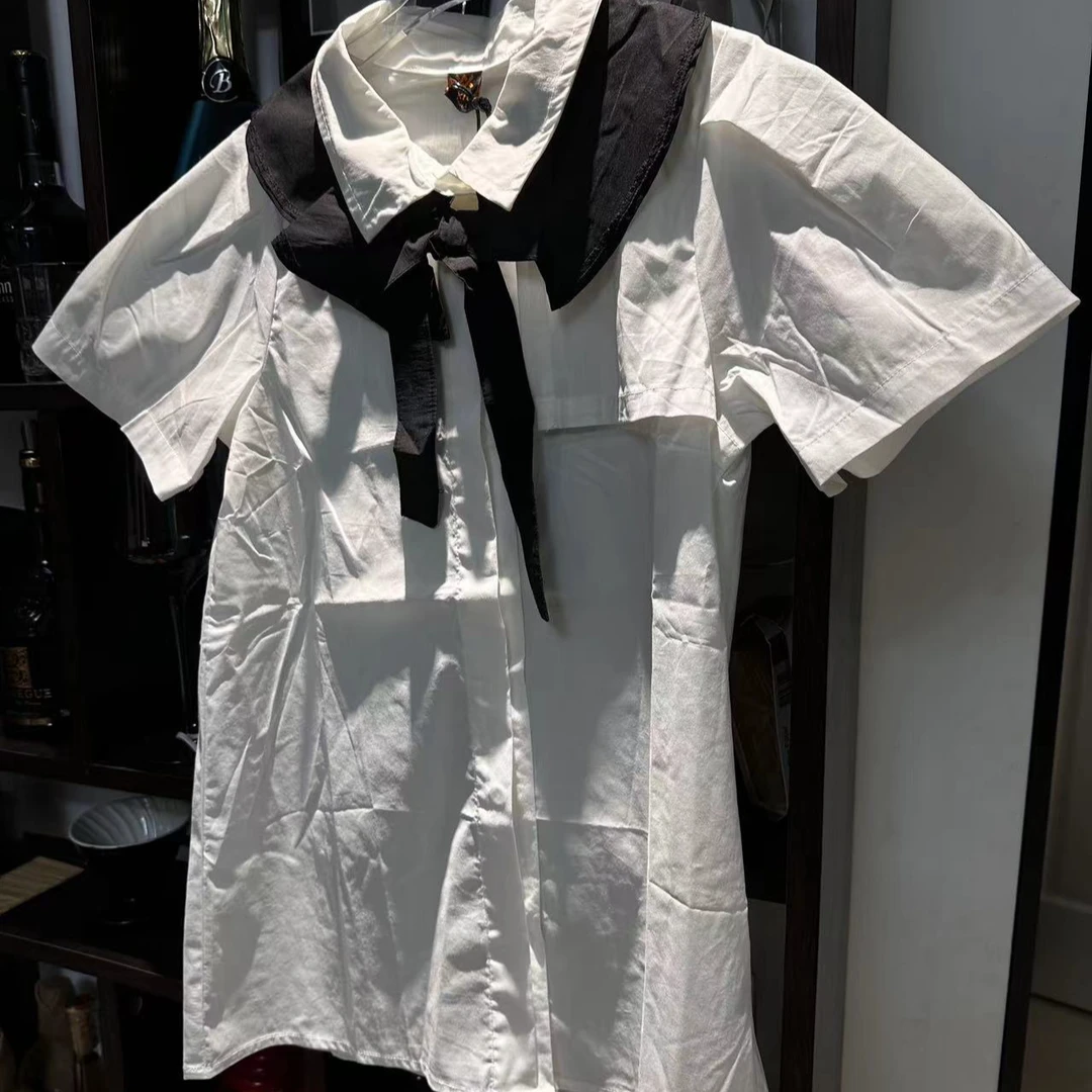 女大童超薄棉料白色连衣裙宽松版 黑领子可拆卸 微透 童装 清仓
