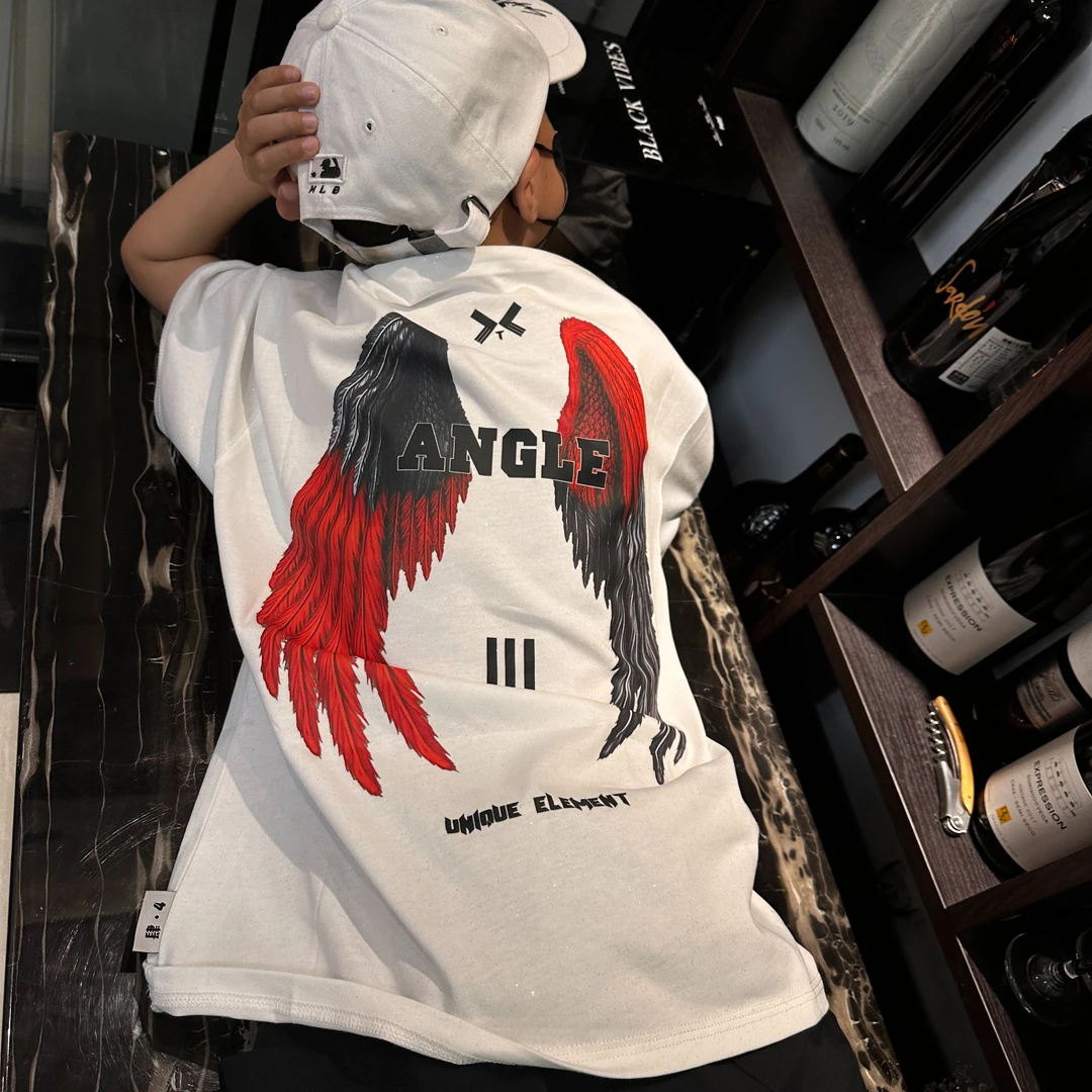 男童潮牌夏季圆领短袖T恤满天星翅膀印花大童青少年宽松半袖透气t