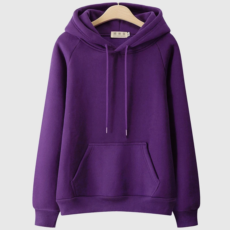 班米曼紫色卫衣女秋冬纯色加绒加厚连帽冬季大码宽松美式时尚外套