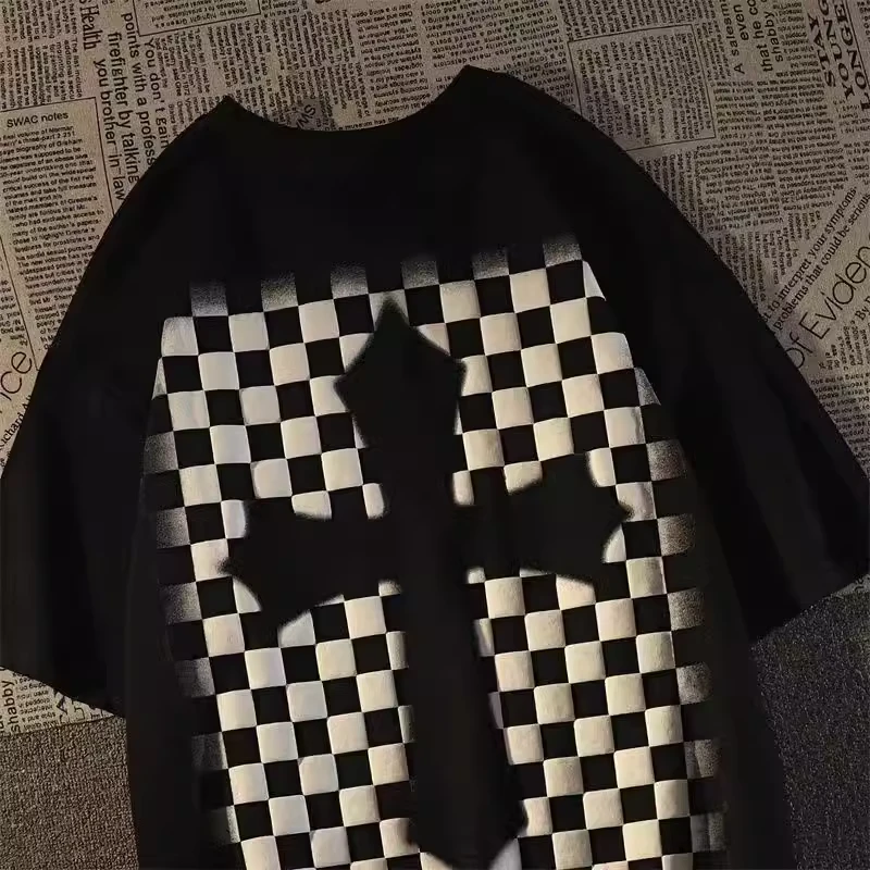 100%纯棉潮牌美式十字架棋盘格圆领短袖T恤男宽松小众设计感上衣