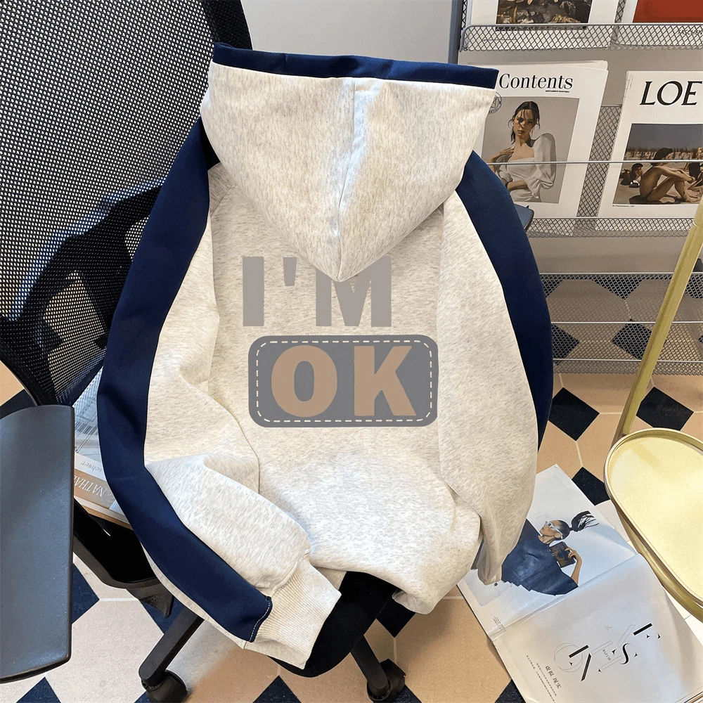 撞色休闲加绒加厚款连帽卫衣男装拼接印花套头宽松设计感情侣上衣