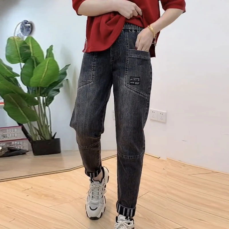 秋季新款牛仔裤女松紧腰宽松显瘦微弹休闲百搭裤子老爹裤