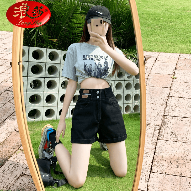 浪莎高腰卷边黑色牛仔短裤女夏季薄款2024年新款a字宽松显瘦网红