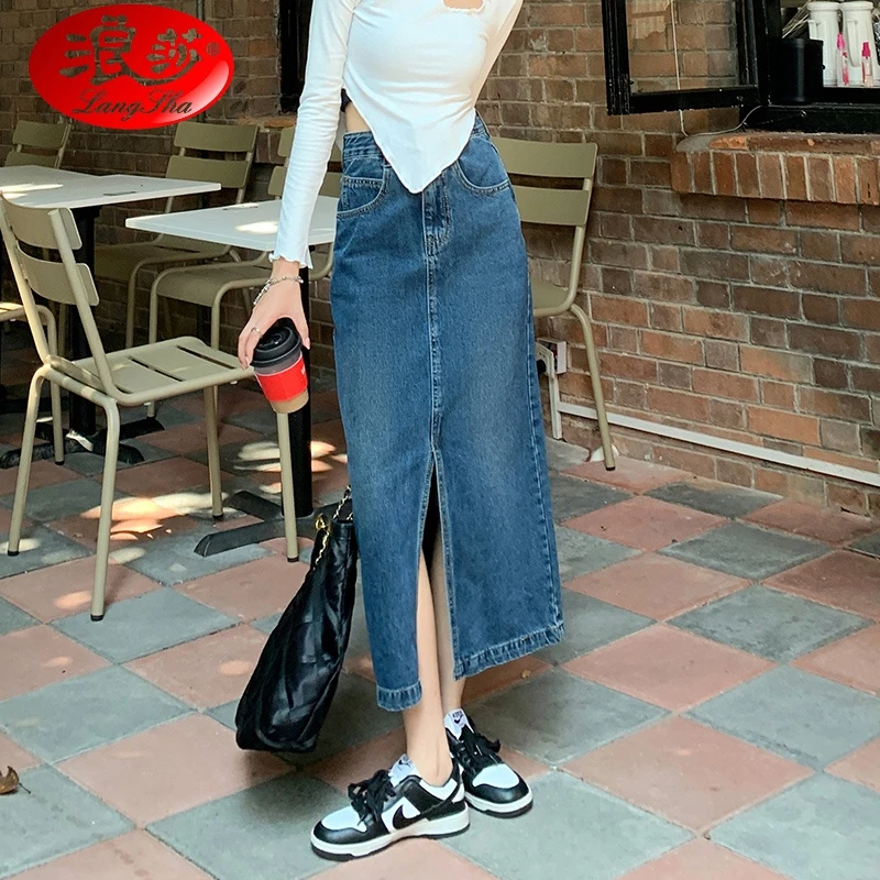 浪莎复古牛仔半身裙女秋季高腰显瘦前开叉梨型身材a字中长款包臀