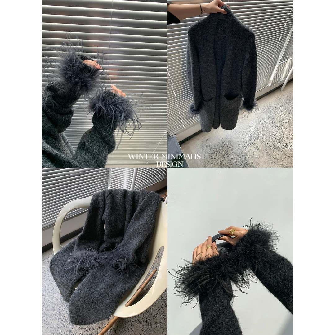 周淼ZHOUMIAO袖口可拆毛毛 宽松插肩袖长款针织开衫女ZM23M5250JA