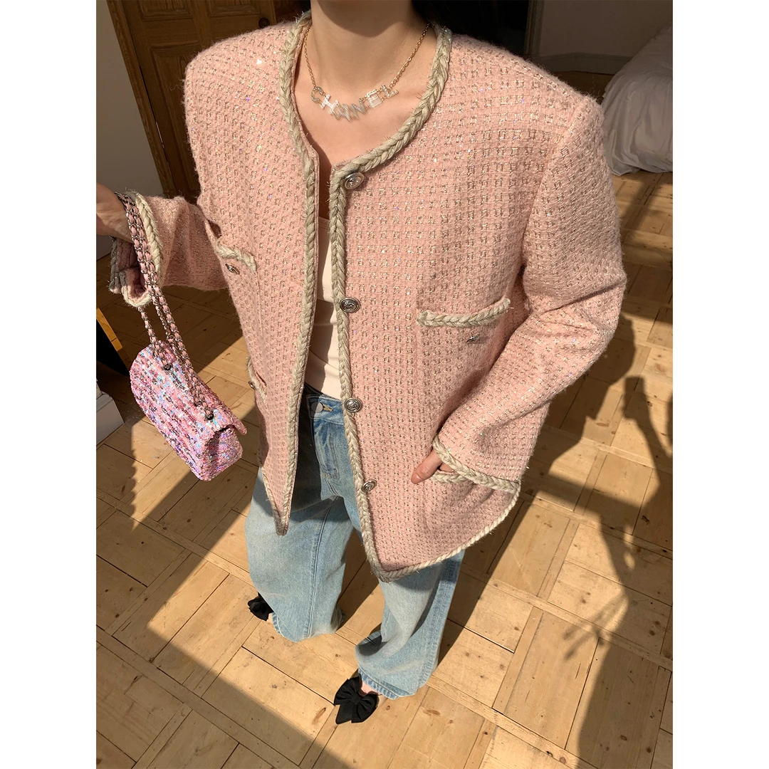 周淼ZHOUMIAO撞色织带装饰 肌理纱线亮片小香外套女春ZM24W5015J