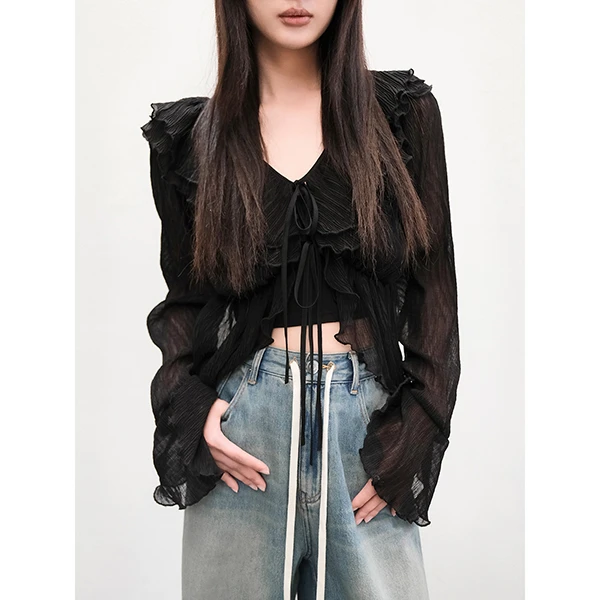 周淼ZHOUMIAO双层木耳边雪纺开衫+针织吊带套装ZM23V5034J