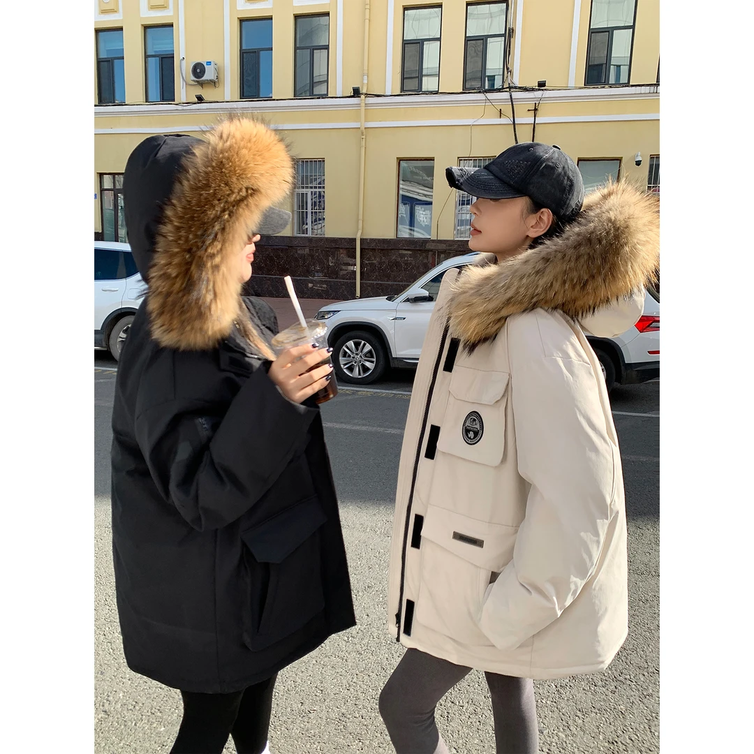 周淼ZHOUMIAO貉子毛领白鸭绒连帽工装派克羽绒服女冬季ZM23Y5167J