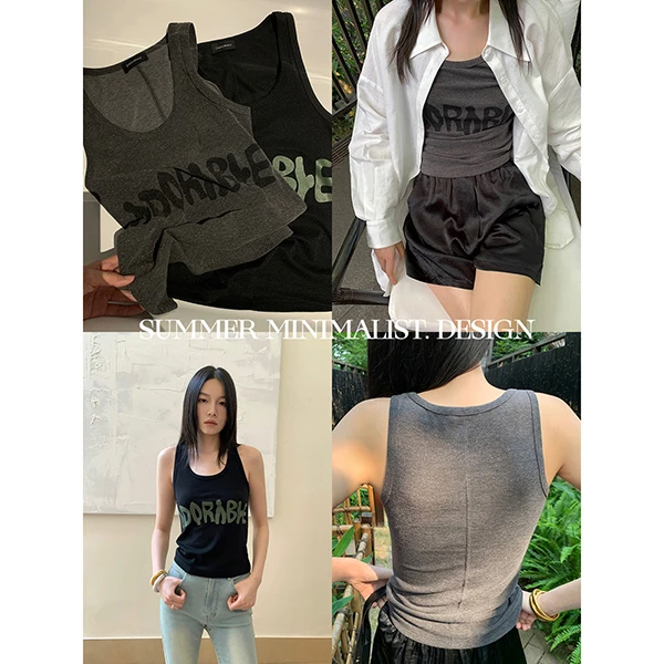 周淼ZHOUMIAO美式复古字母印花宽松麻感轻薄吊带背心女ZM23B9004M