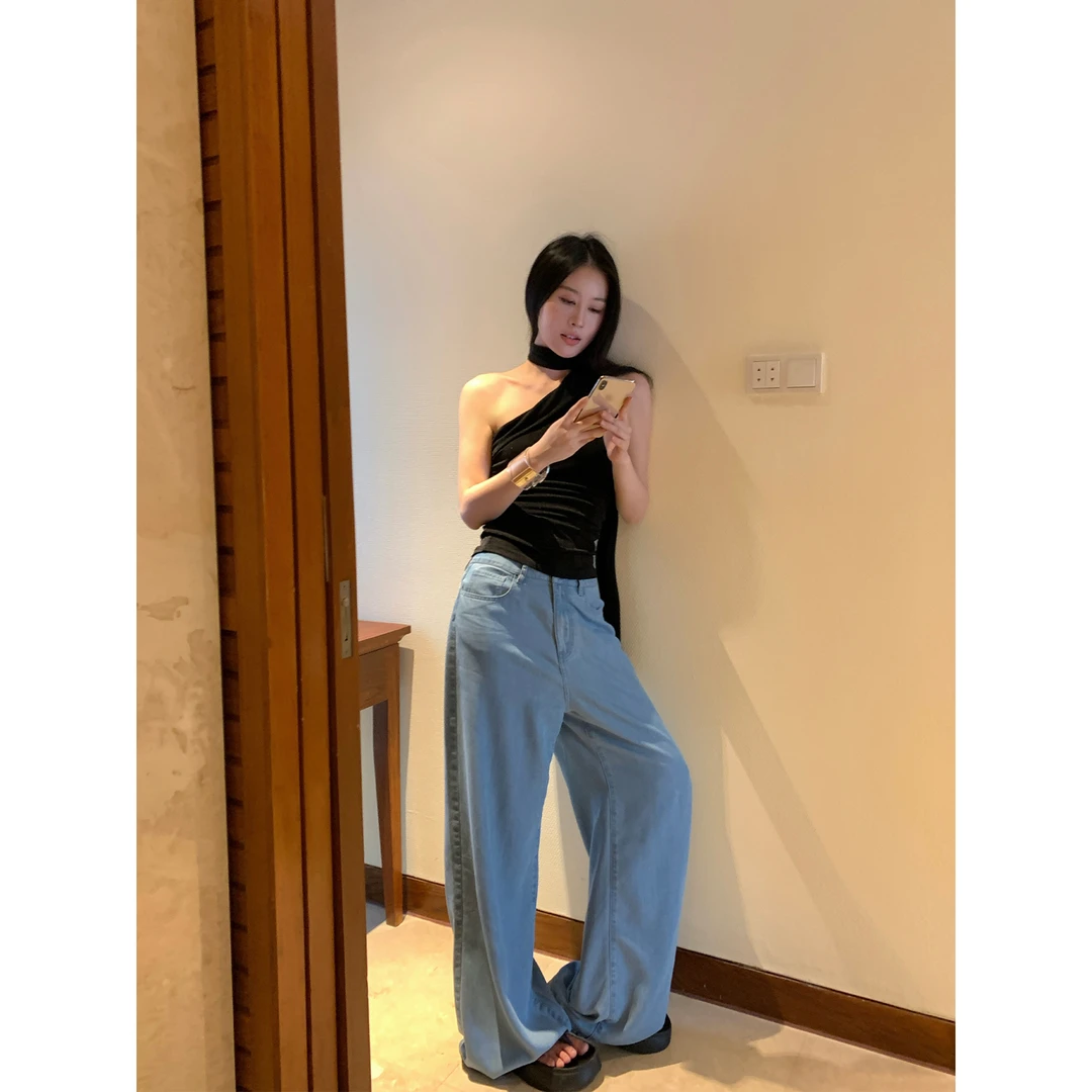 周淼ZHOUMIAO水洗织染冰爽宽松阔腿牛仔裤直筒休闲长裤ZM24N9252Y