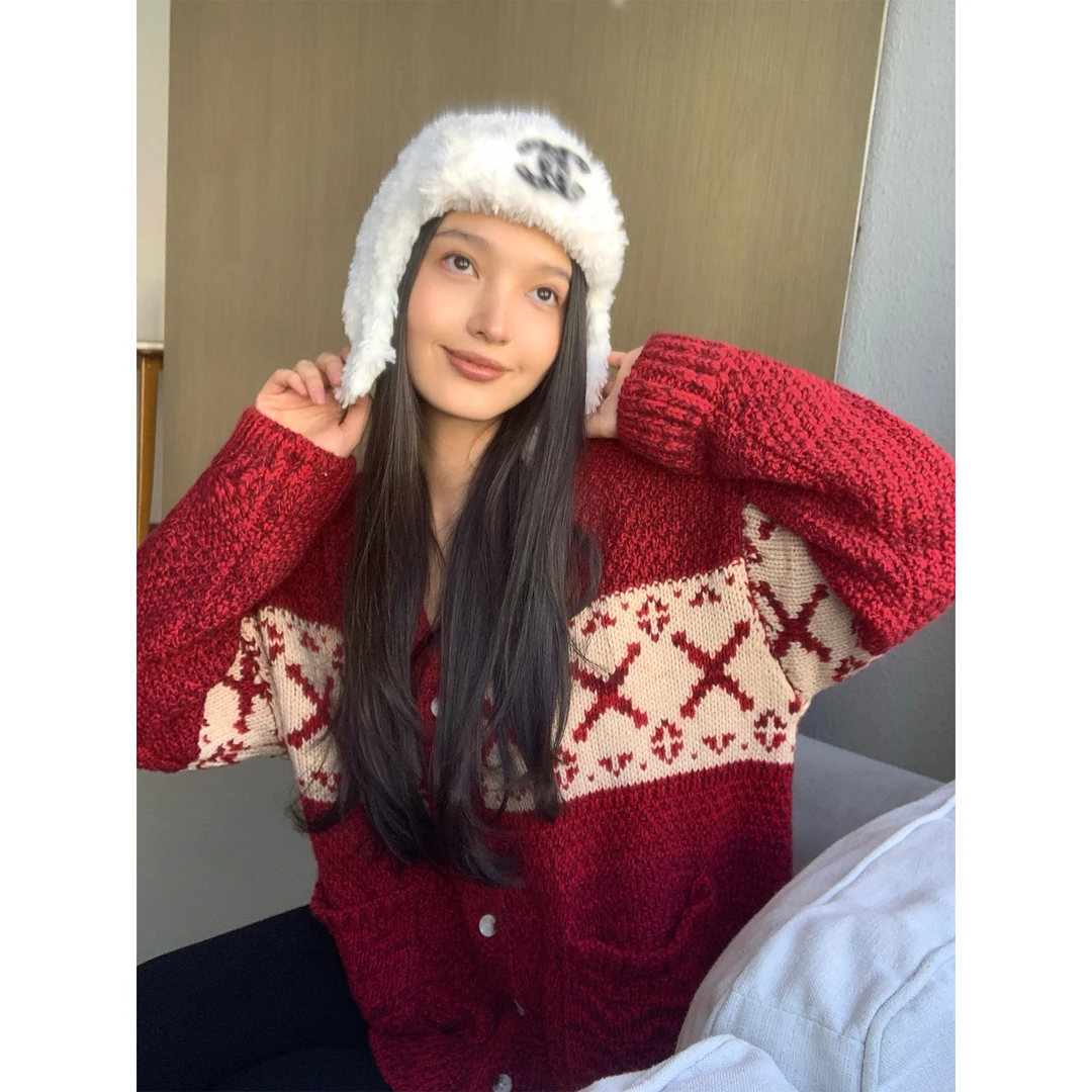 周淼ZHOUMIAO费尔岛提花 圣诞新年氛围开衫柔软外套女ZM24M3194K