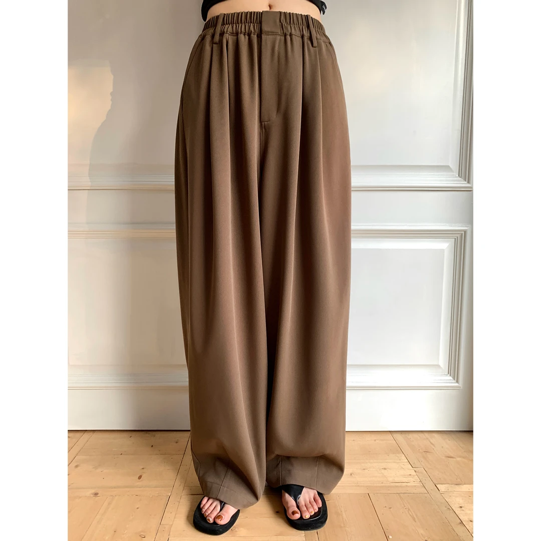 周淼ZHOUMIAO双褶腰头 松紧腰裤脚微收宽松萝卜西装裤ZM24K8225Z