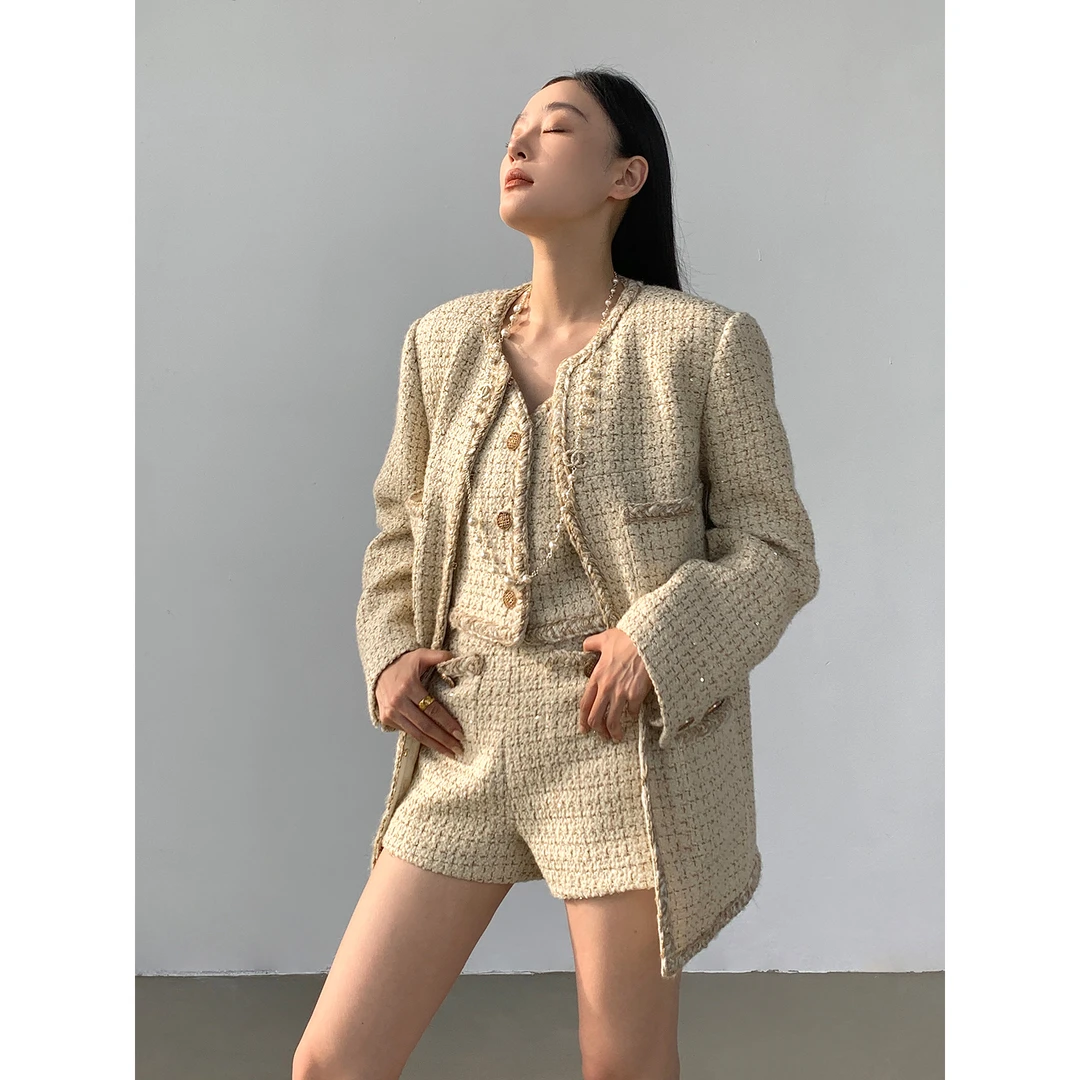 周淼 ZHOUMIAO 混纺金色亮丝粗花呢小香套装ZM22Z167