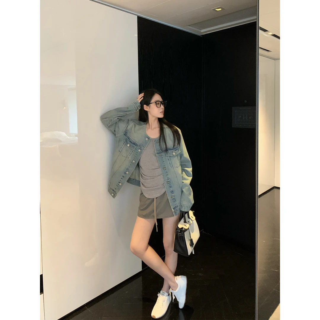 周淼ZHOUMIAO拼接分割 宽松廓形马骝喷白复古牛仔外套ZM24N5041J