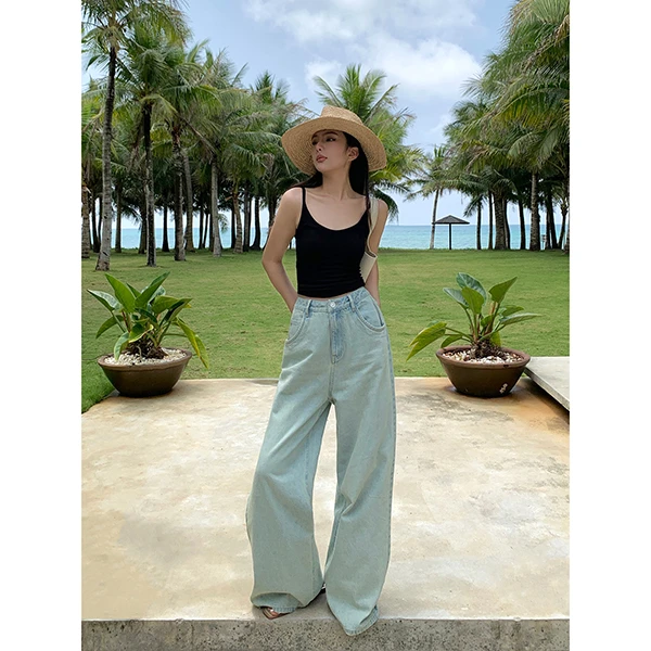 周淼ZHOUMIAO做旧清水蓝宽松拖地阔腿直筒牛仔裤子女ZM23N5099J