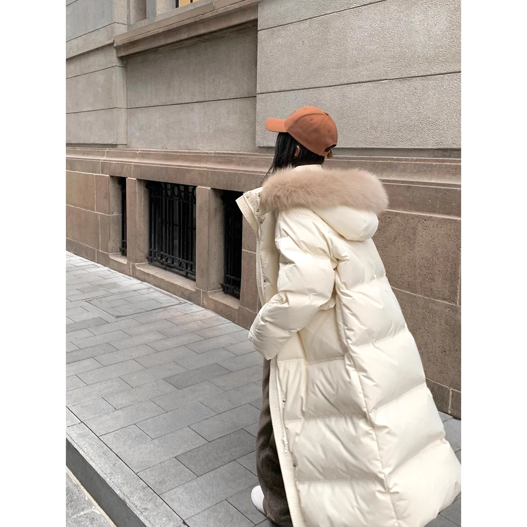 周淼ZHOUMIAO白狐狸毛大毛领羽绒服女冬中长款连帽外套ZM22Y5083J