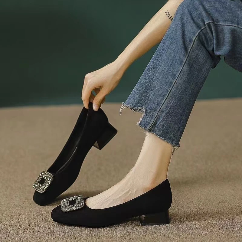 Y318法式气质女鞋新款磨砂水钻方头时装鞋脚蹬单鞋