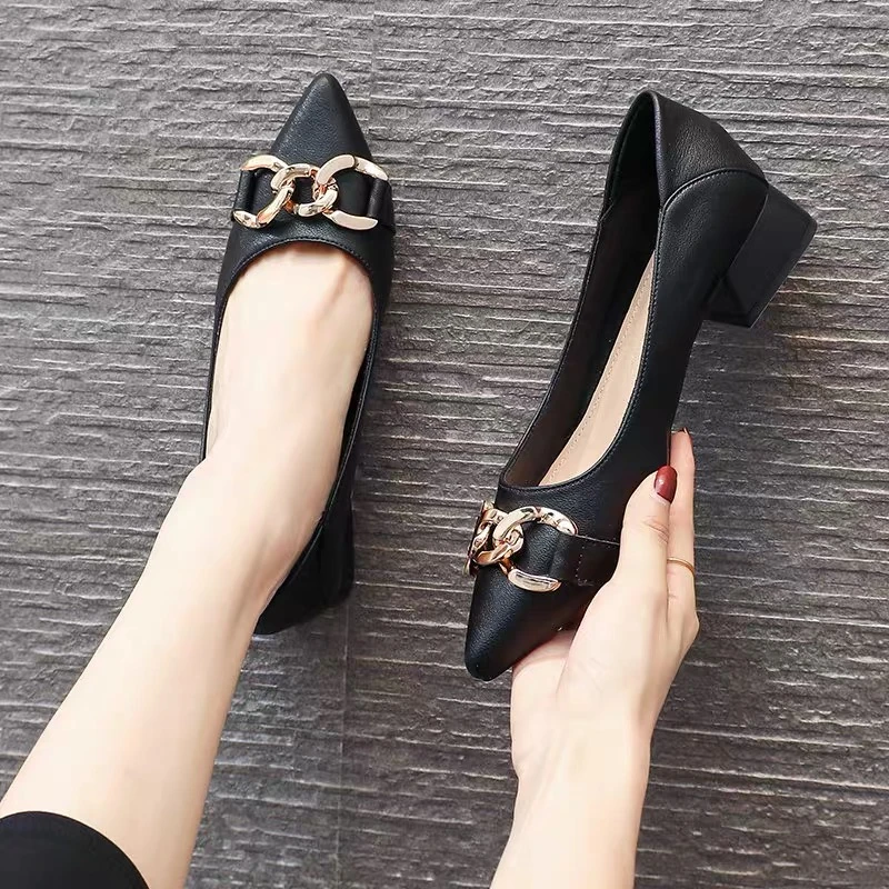 A222-1新款软底舒适低跟尖头单鞋女百搭粗跟浅口晚晚风温柔鞋