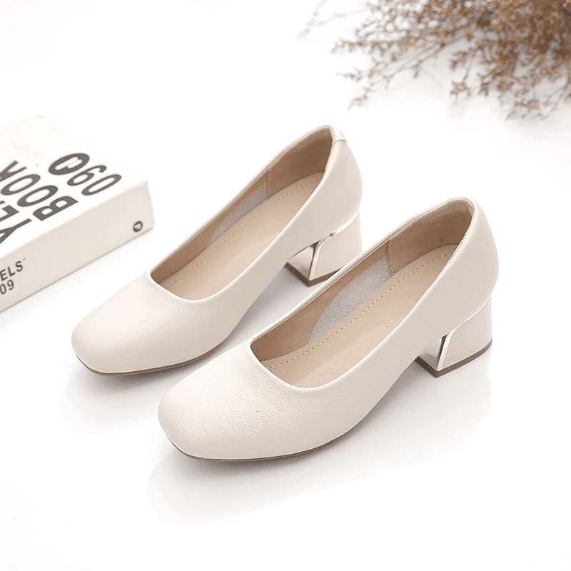 2338新款粗跟单鞋浅口舒适百搭软皮方头防滑时尚工作单鞋