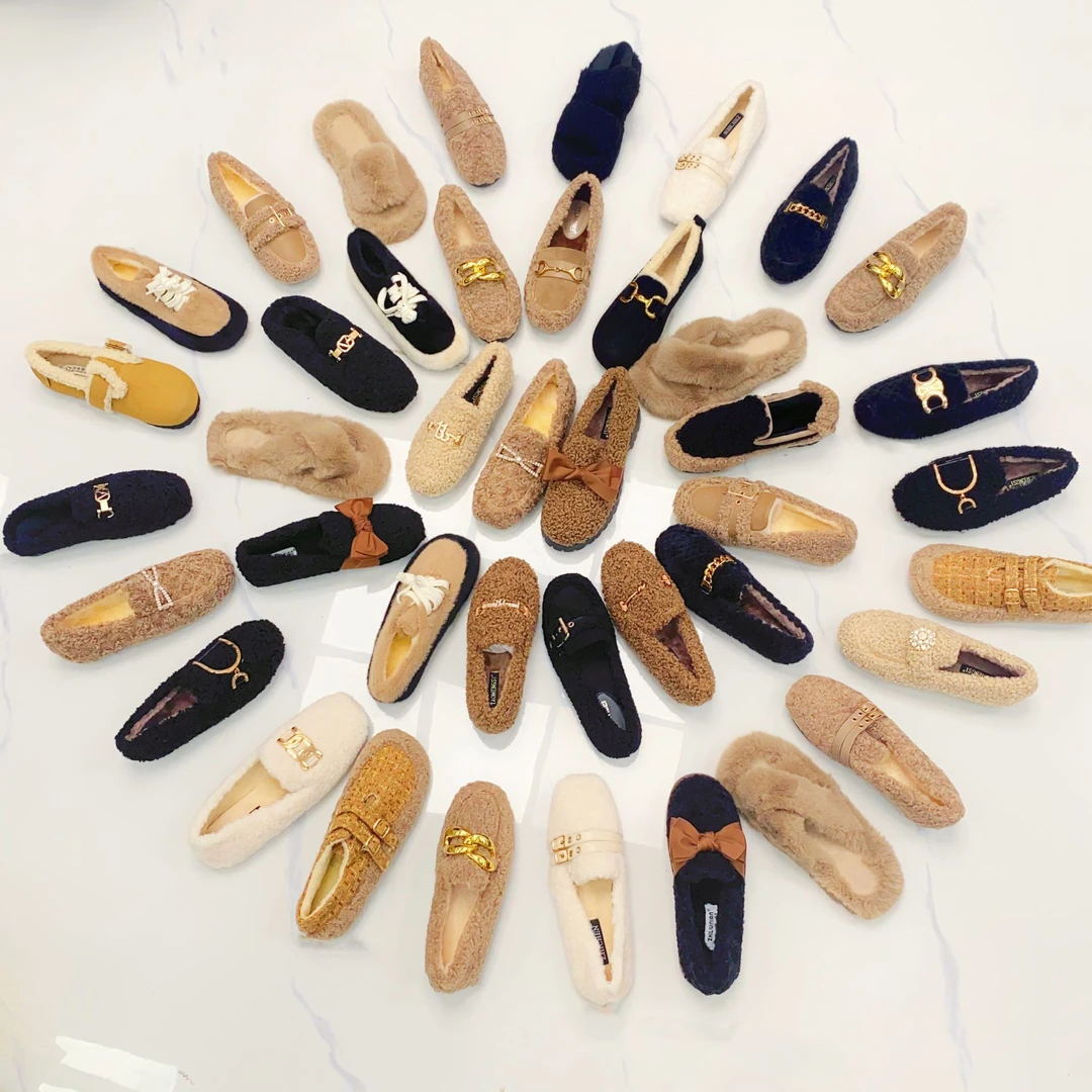 H毛毛鞋新款加绒温柔百搭厚底毛毛鞋外穿舒适一脚蹬豆豆鞋女鞋