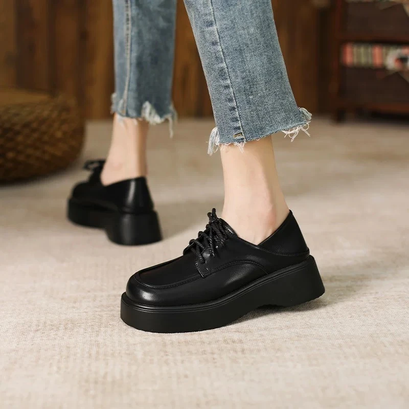 101-11新款厚底小皮鞋2024年新款女日系学院风系带松糕大头乐福鞋