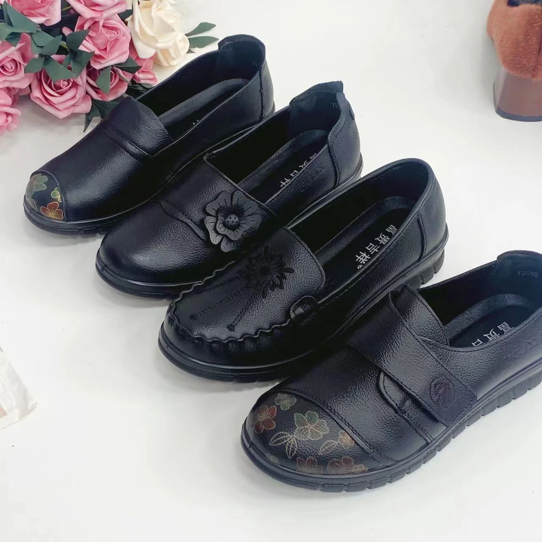 【H15系列】真皮妈妈鞋子春秋款平底软底单鞋女民族风舒适百搭皮鞋