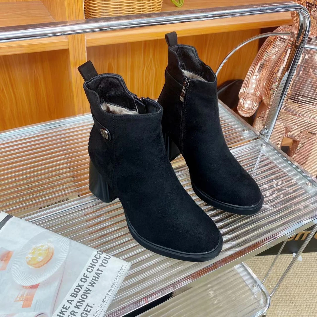 185-1新款拼接粗跟圆头短靴子女秋冬百搭加绒高跟瘦瘦靴踝靴