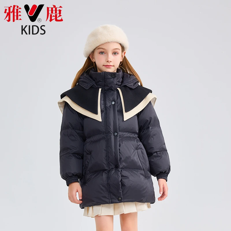 雅鹿女童羽绒服2023冬季新款韩版中长款加厚白鸭绒中大童保暖外套