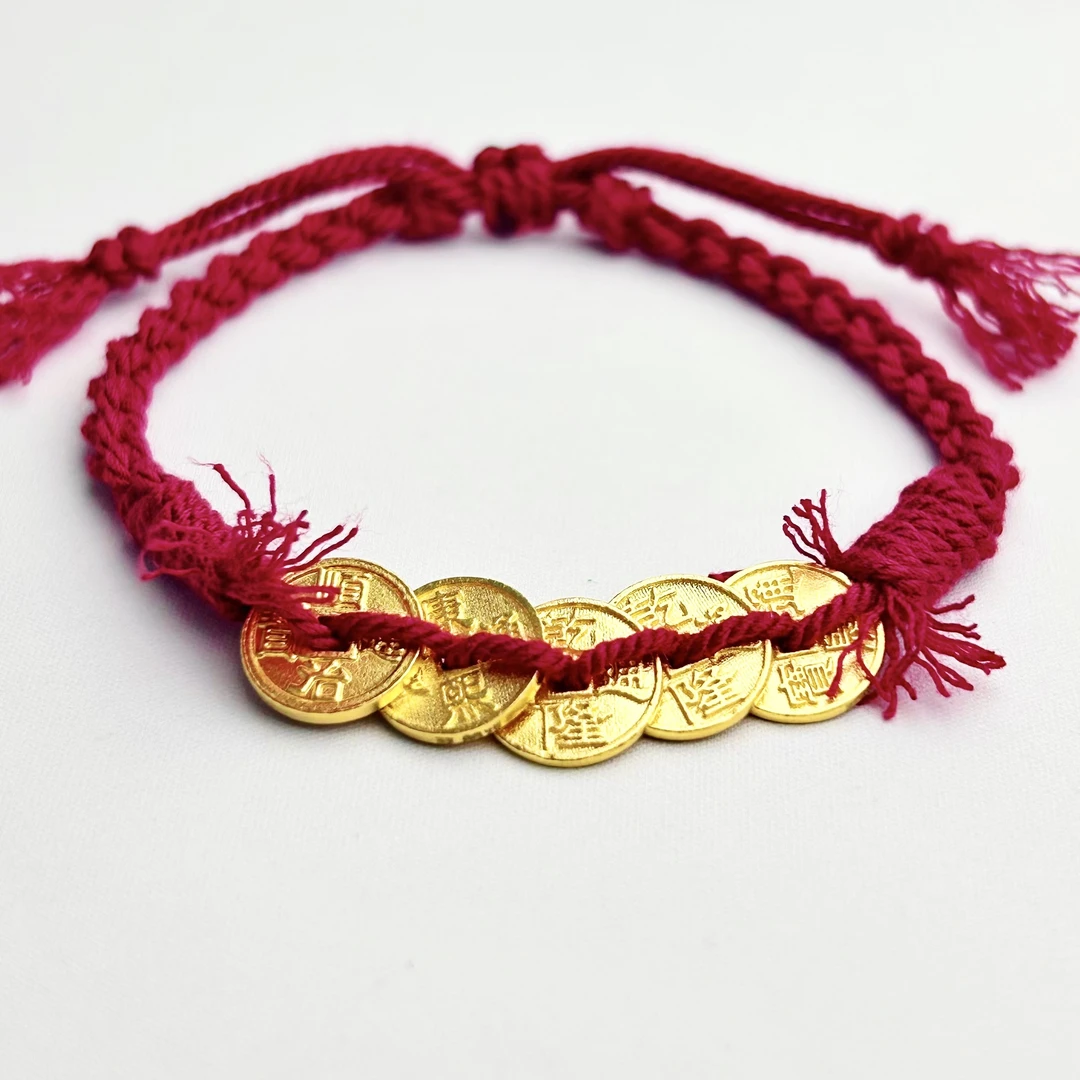 周大生五帝钱币足金手编红绳情侣可调节手链男女铜钱绳编民族风