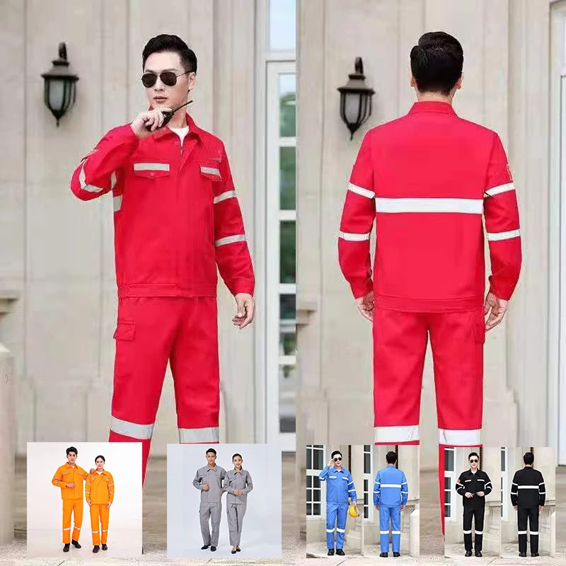 劳保工作服套装男女纯棉耐磨电焊红色反光条船务海油田印logo定制