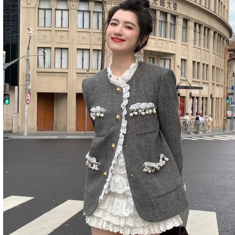 2024冰冰同款韩系名媛蕾丝花边中长款毛呢外套
