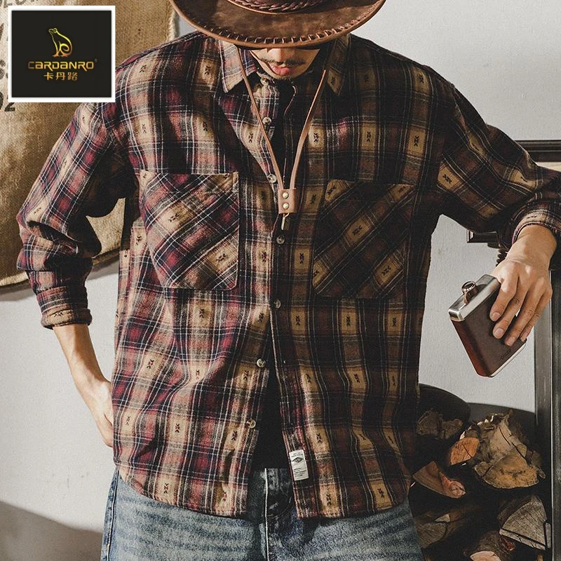 卡丹路美式复古经典格子长袖衬衫男冬季纯棉宽松休闲衬衣秋冬外套