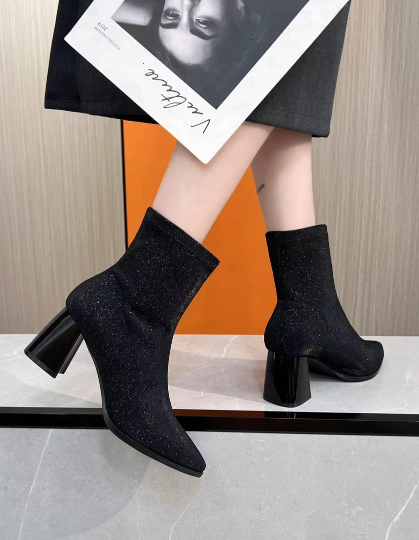 666-1达思图【首尔大小姐】高跟短靴女新款百搭瘦瘦靴弹力袜靴