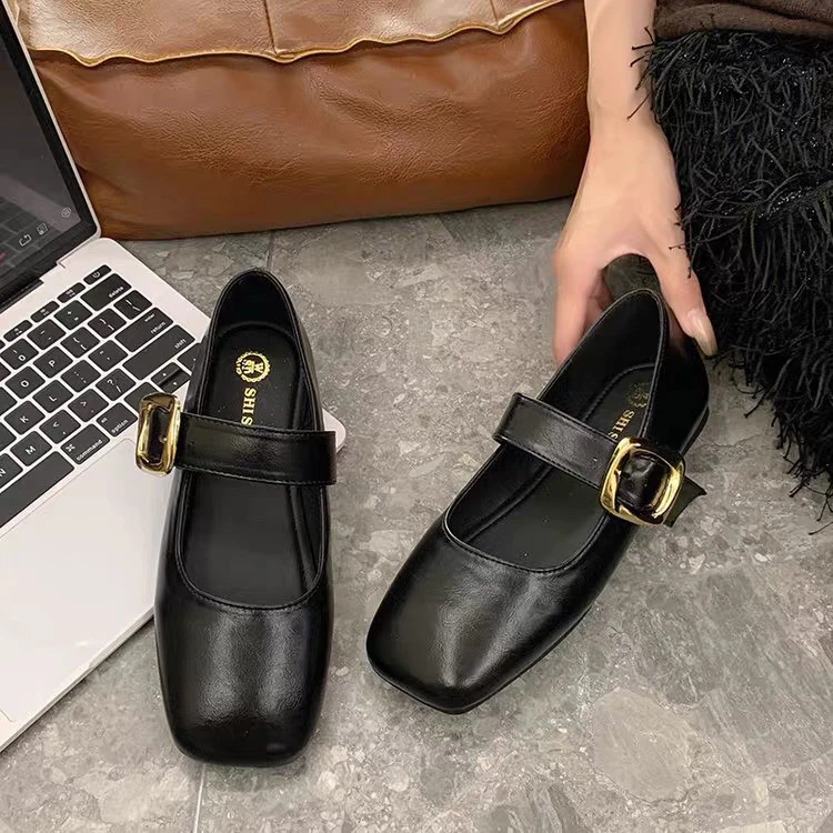 8305-1法式复古方头玛丽珍鞋女新款平底浅口一脚蹬单鞋