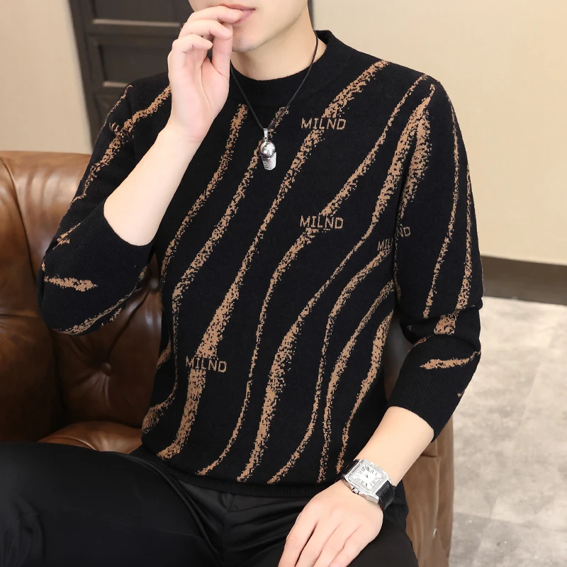 男士秋冬毛衣打底衫男装新款针织衫提花圆领套头加厚长袖休闲百搭