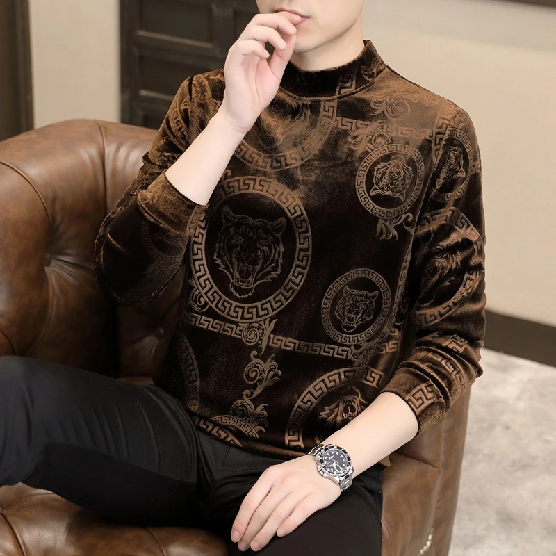 男士金丝绒卫衣长袖圆领半高领提花秋冬季格子韩版休闲时尚保暖潮