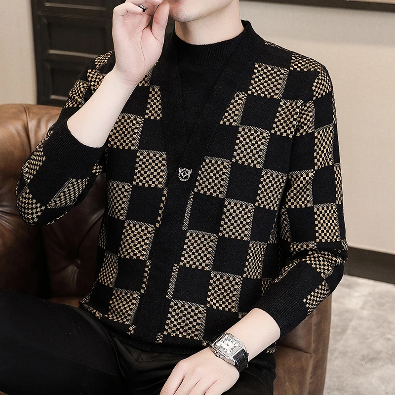 男士毛衣打底衫男装新款提花假两件针织上衣格子圆领秋冬百搭休闲