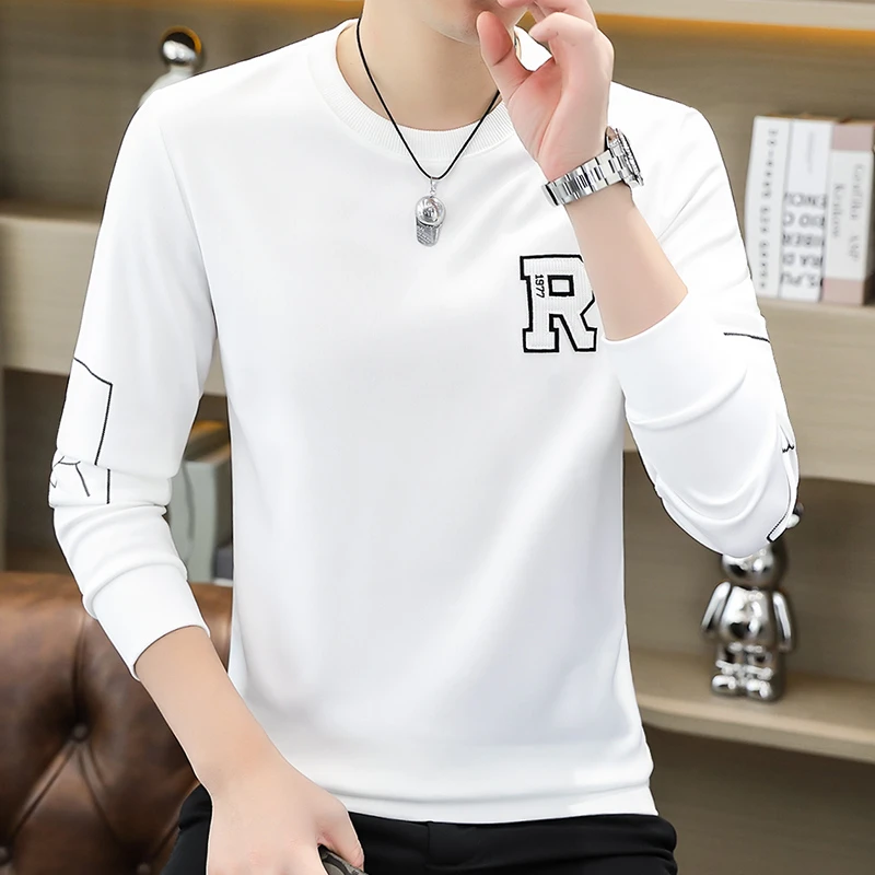 男士卫衣t恤男装长袖圆领纯色春秋季白色休闲时尚百搭内搭外穿潮