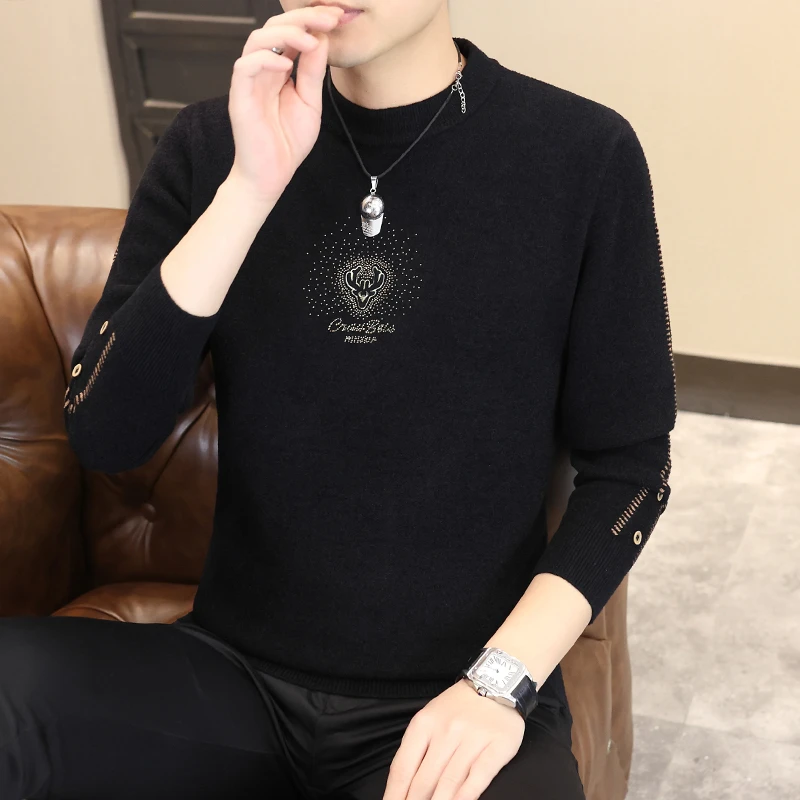 男士毛衣打底衫男装新款提花圆领套头针织衫加厚保暖休闲时尚百搭